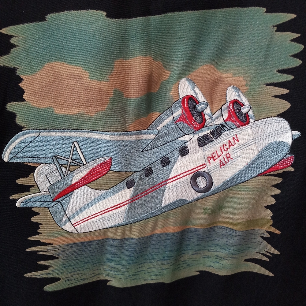 Tori Richard 100% Silk Embroidered Pelican Air Plane Hawaiian Shirt